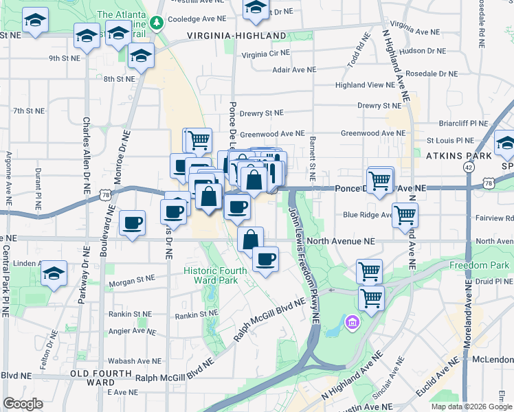 map of restaurants, bars, coffee shops, grocery stores, and more near 663 Somerset Terrace Northeast in Atlanta