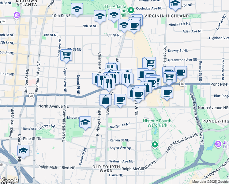 map of restaurants, bars, coffee shops, grocery stores, and more near in Atlanta