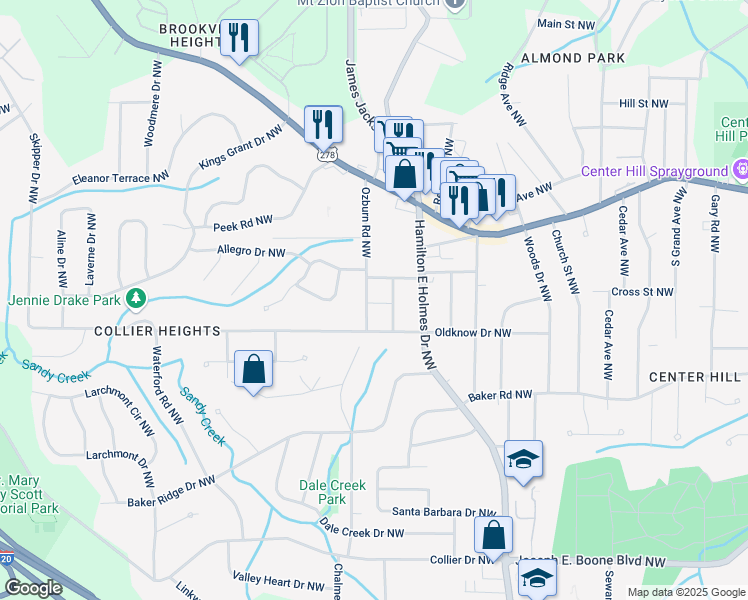 map of restaurants, bars, coffee shops, grocery stores, and more near 649 Ozburn Road Northwest in Atlanta