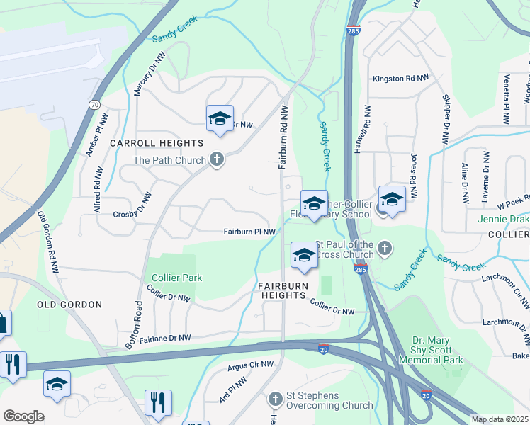 map of restaurants, bars, coffee shops, grocery stores, and more near 3351 Adkins Road Northwest in Atlanta