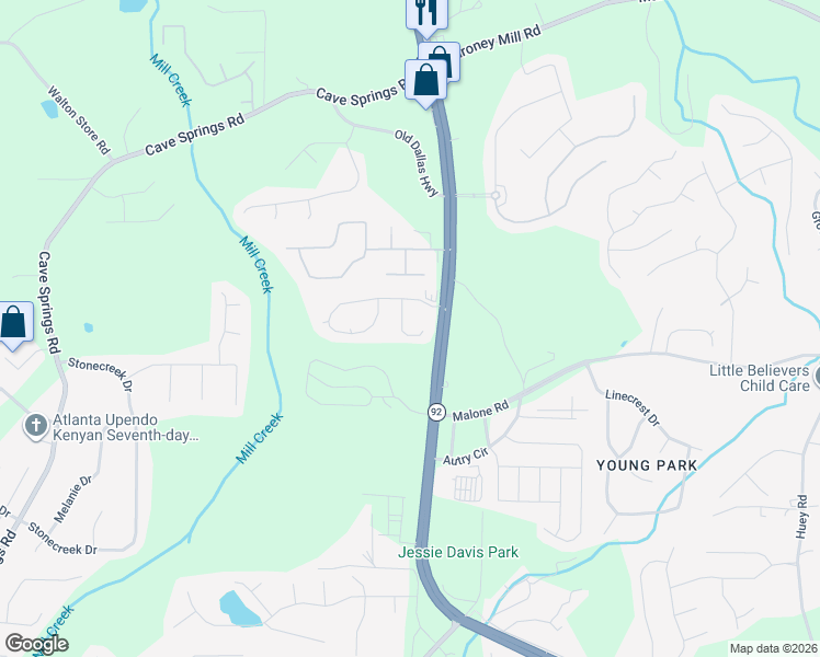 map of restaurants, bars, coffee shops, grocery stores, and more near 1160 Pleasant Oak Lane in Douglasville