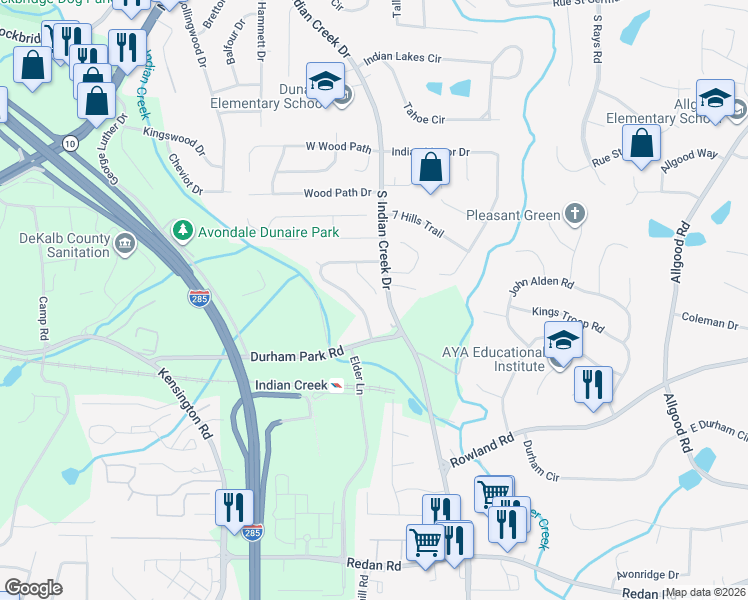 map of restaurants, bars, coffee shops, grocery stores, and more near 803 Durham Trail in Stone Mountain