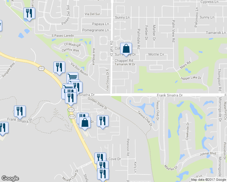 map of restaurants, bars, coffee shops, grocery stores, and more near 37982 Da Vall Drive in Rancho Mirage