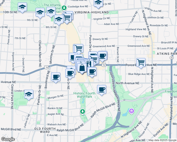 map of restaurants, bars, coffee shops, grocery stores, and more near 699 Ponce De Leon Avenue Northeast in Atlanta