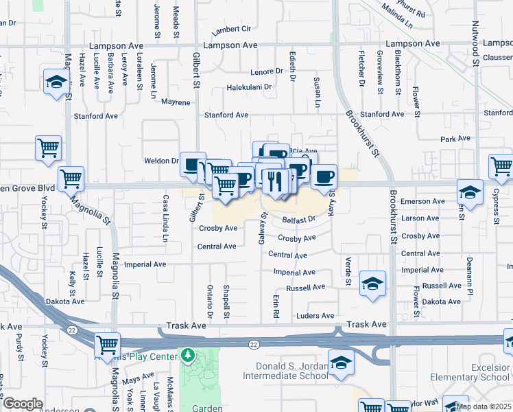 map of restaurants, bars, coffee shops, grocery stores, and more near 9112 Belfast Drive in Garden Grove
