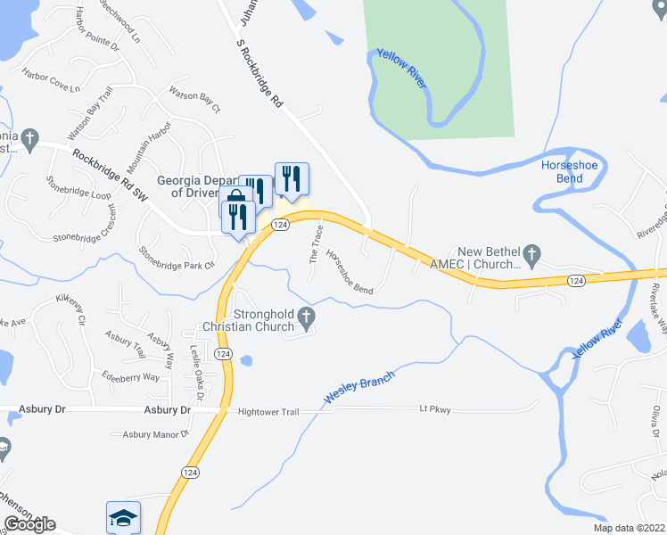 map of restaurants, bars, coffee shops, grocery stores, and more near 7721 Horseshoe Bend in Lithonia