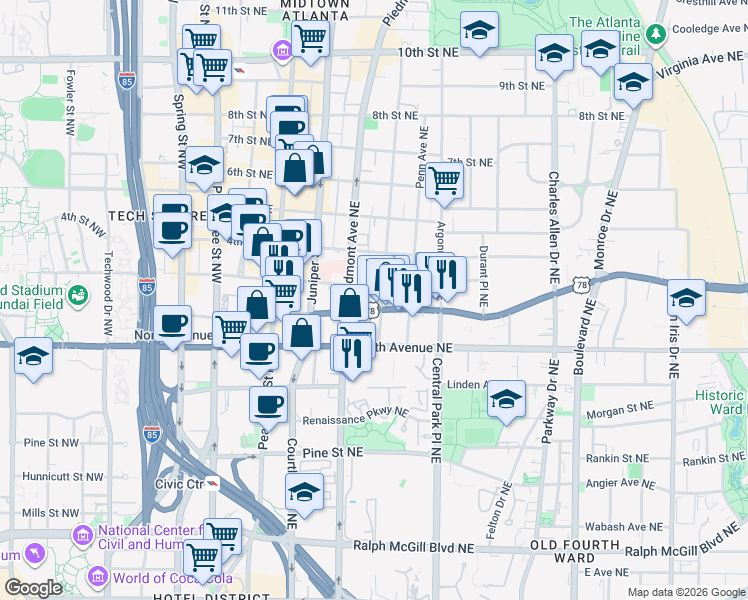 map of restaurants, bars, coffee shops, grocery stores, and more near in Atlanta