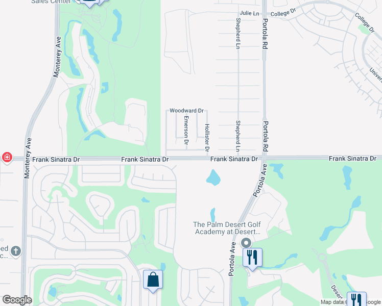 map of restaurants, bars, coffee shops, grocery stores, and more near 73581 Heatherwood Drive in Palm Desert