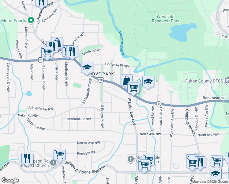 map of restaurants, bars, coffee shops, grocery stores, and more near 25 Evelyn Way Northwest in Atlanta