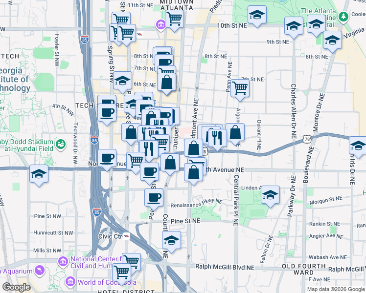 map of restaurants, bars, coffee shops, grocery stores, and more near 144 Ponce De Leon Avenue Northeast in Atlanta