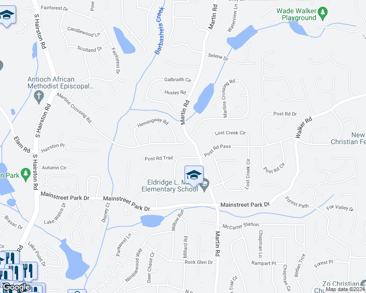 map of restaurants, bars, coffee shops, grocery stores, and more near 5121 Martins Crossing Road in Stone Mountain