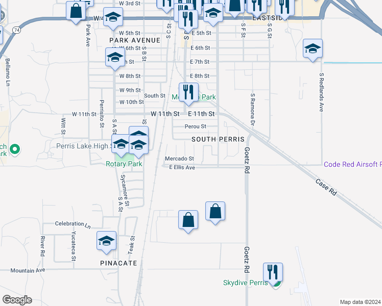 map of restaurants, bars, coffee shops, grocery stores, and more near 1416 Plaza Way in Perris