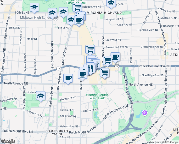 map of restaurants, bars, coffee shops, grocery stores, and more near 675 Ponce De Leon Avenue Northeast in Atlanta
