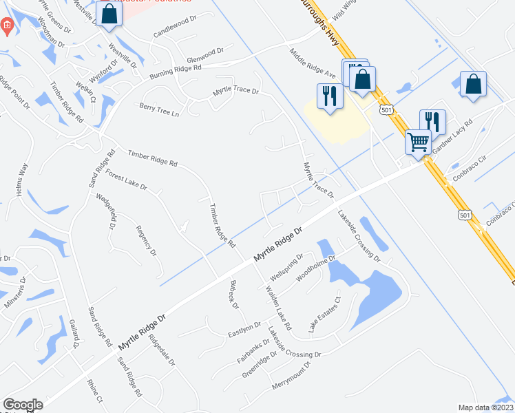 map of restaurants, bars, coffee shops, grocery stores, and more near 220 Wedgewood Lane in Conway