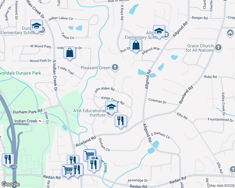 map of restaurants, bars, coffee shops, grocery stores, and more near 802 John Alden Road in Stone Mountain
