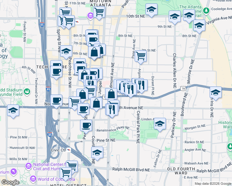 map of restaurants, bars, coffee shops, grocery stores, and more near 198 Ponce De Leon Avenue Northeast in Atlanta