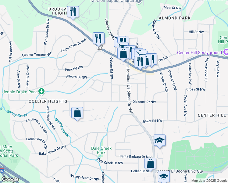 map of restaurants, bars, coffee shops, grocery stores, and more near 649 Ozburn Road Northwest in Atlanta