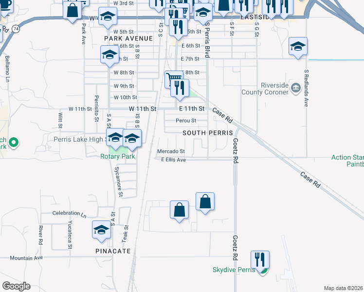 map of restaurants, bars, coffee shops, grocery stores, and more near 1416 Plaza Way in Perris