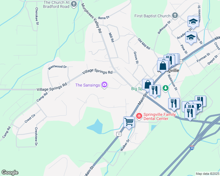 map of restaurants, bars, coffee shops, grocery stores, and more near 138 Mountain Brook in Springville
