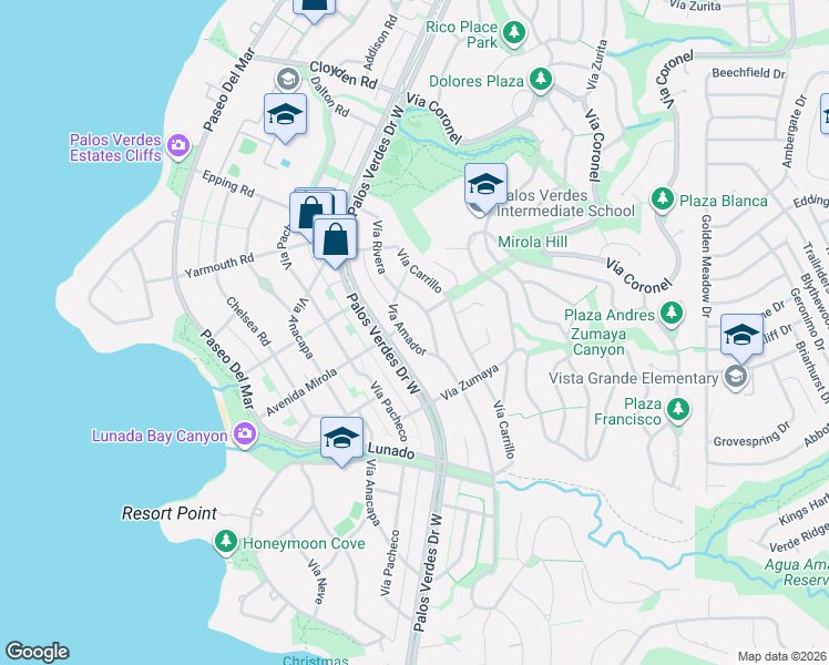 map of restaurants, bars, coffee shops, grocery stores, and more near 2509 Vía Amador in Palos Verdes Estates