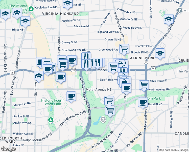 map of restaurants, bars, coffee shops, grocery stores, and more near 663 Linwood Avenue Northeast in Atlanta