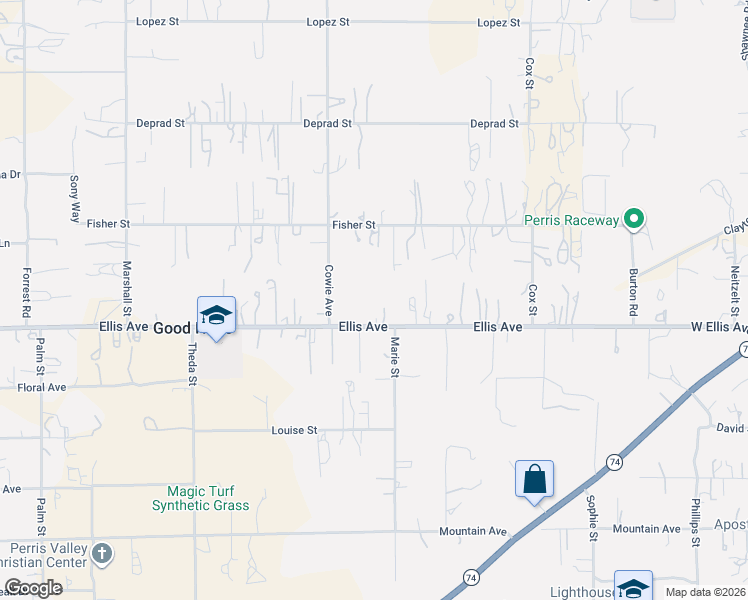 map of restaurants, bars, coffee shops, grocery stores, and more near 22600 Ellis Avenue in Perris