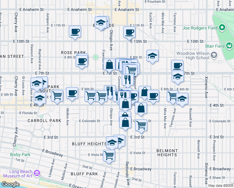 map of restaurants, bars, coffee shops, grocery stores, and more near 515 Coronado Avenue in Long Beach