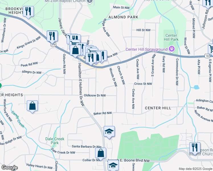 map of restaurants, bars, coffee shops, grocery stores, and more near 2523 Hood Avenue Northwest in Atlanta