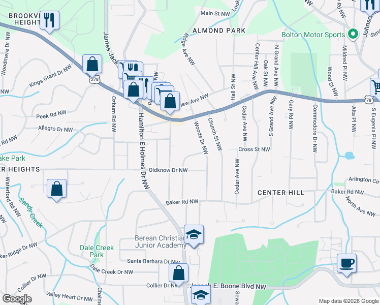 map of restaurants, bars, coffee shops, grocery stores, and more near 2535 Hood Avenue Northwest in Atlanta