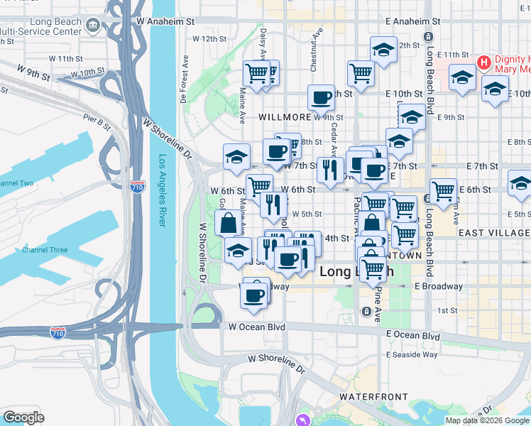map of restaurants, bars, coffee shops, grocery stores, and more near in Long Beach