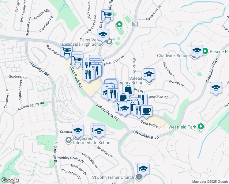 map of restaurants, bars, coffee shops, grocery stores, and more near 589 Silver Spur Road in Rolling Hills Estates