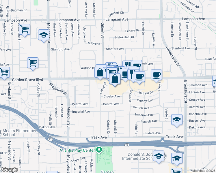 map of restaurants, bars, coffee shops, grocery stores, and more near 13100 Gilbert Street in Garden Grove
