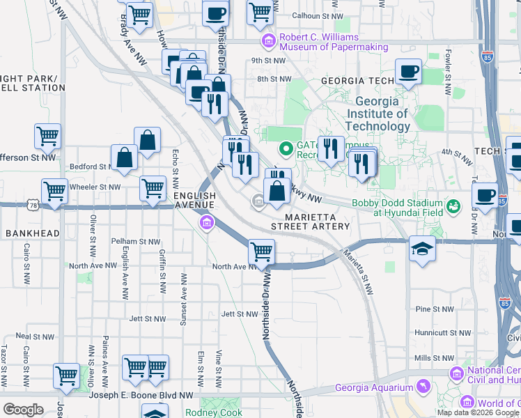map of restaurants, bars, coffee shops, grocery stores, and more near 535 Means Street Northwest in Atlanta