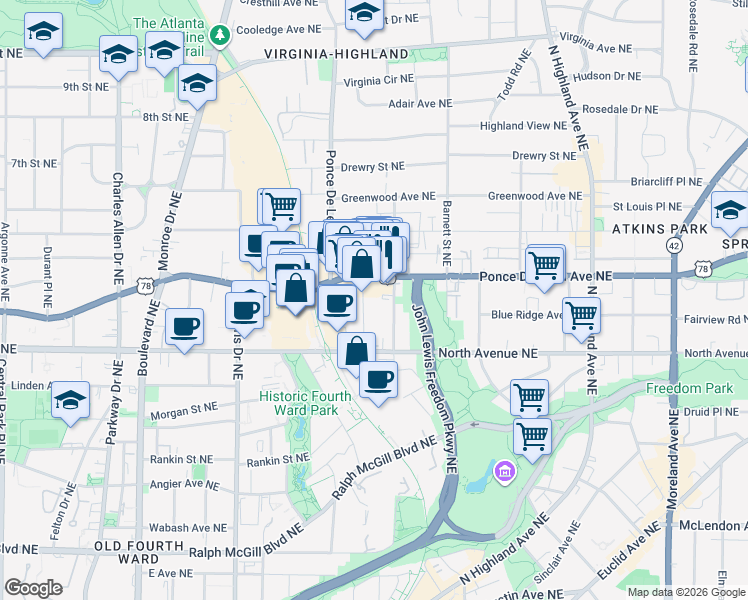 map of restaurants, bars, coffee shops, grocery stores, and more near 658 Bonaventure Avenue Northeast in Atlanta