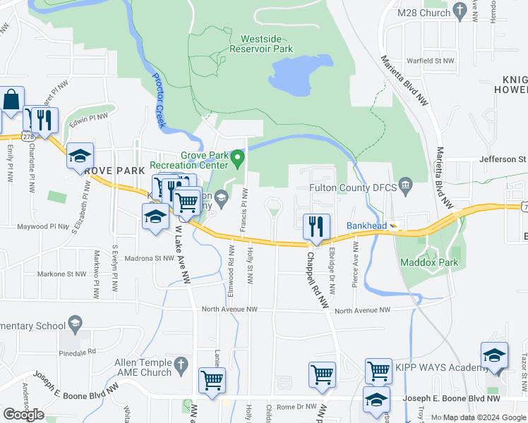 map of restaurants, bars, coffee shops, grocery stores, and more near 664 Elinor Place Northwest in Atlanta