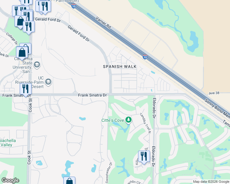 map of restaurants, bars, coffee shops, grocery stores, and more near 607 Calle Vibrante in Palm Desert