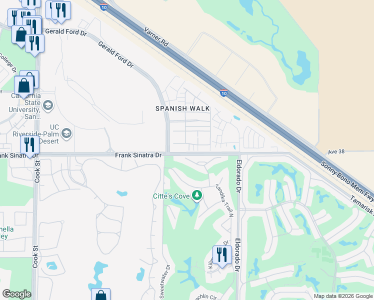 map of restaurants, bars, coffee shops, grocery stores, and more near 657 Calle Vibrante in Palm Desert