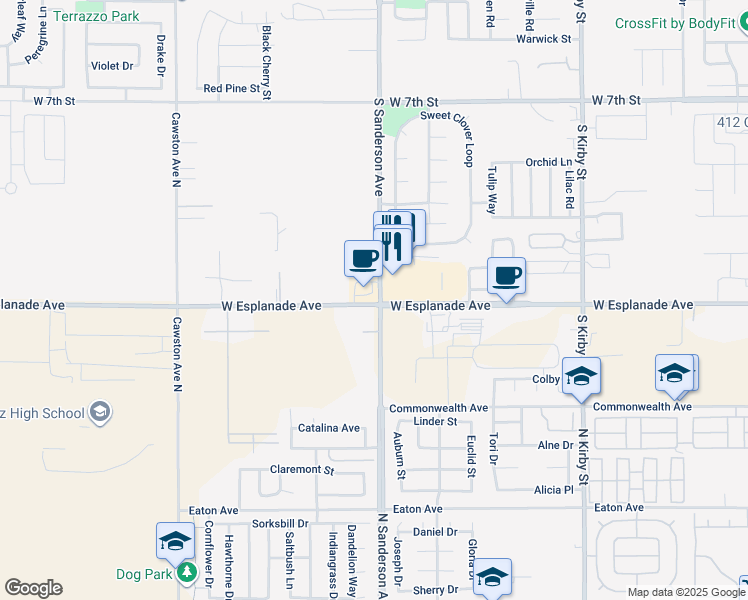 map of restaurants, bars, coffee shops, grocery stores, and more near 2 North Sanderson Avenue in Hemet