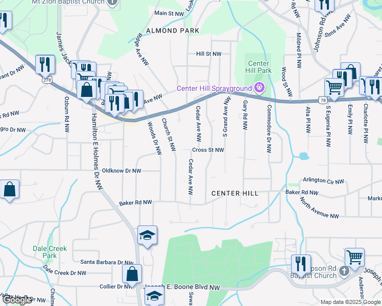 map of restaurants, bars, coffee shops, grocery stores, and more near Cedar Avenue Northwest in Atlanta