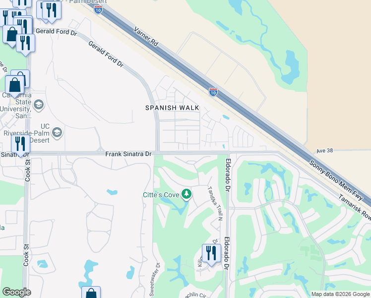 map of restaurants, bars, coffee shops, grocery stores, and more near 669 Calle Vibrante in Palm Desert