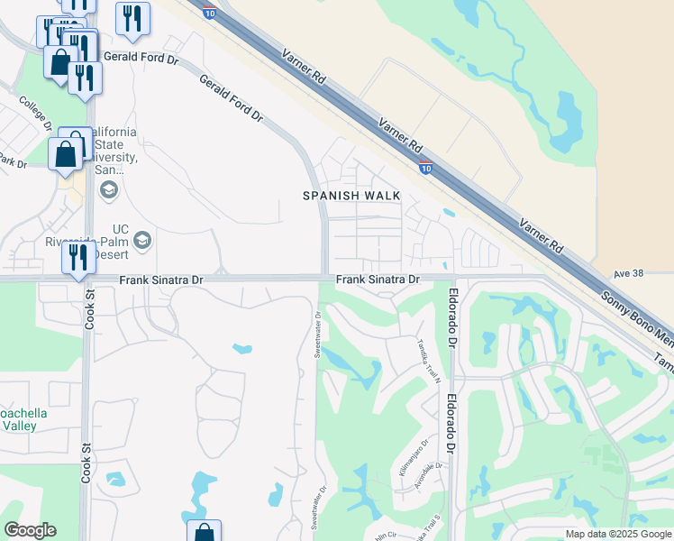 map of restaurants, bars, coffee shops, grocery stores, and more near 607 Calle Vibrante in Palm Desert