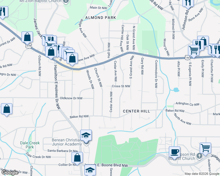 map of restaurants, bars, coffee shops, grocery stores, and more near 637 Church Street Northwest in Atlanta