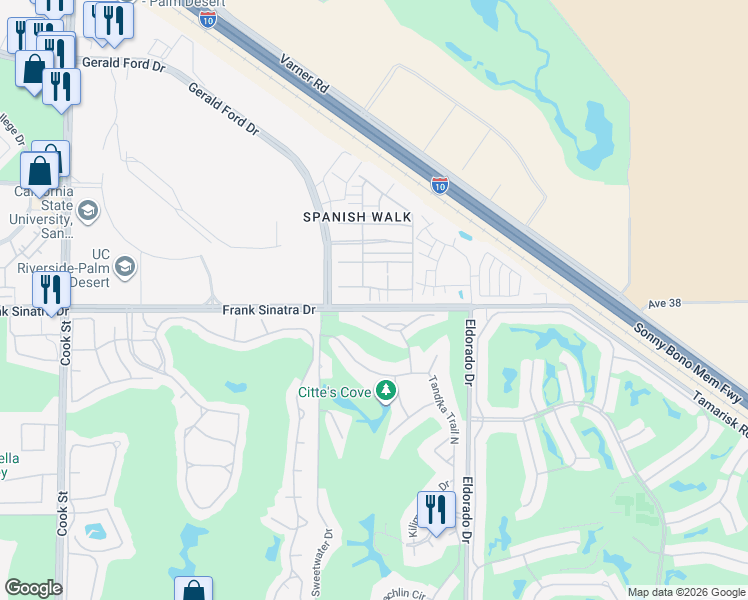 map of restaurants, bars, coffee shops, grocery stores, and more near 659 Calle Vibrante in Palm Desert