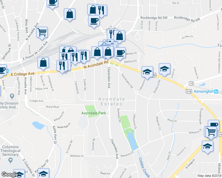 map of restaurants, bars, coffee shops, grocery stores, and more near 26 Clarendon Avenue in Avondale Estates
