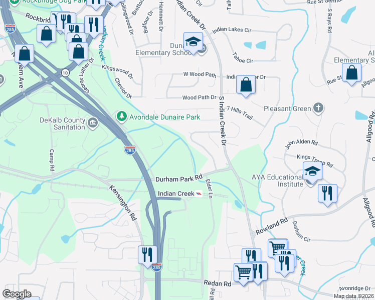 map of restaurants, bars, coffee shops, grocery stores, and more near 3932 Durham Park Road in Stone Mountain