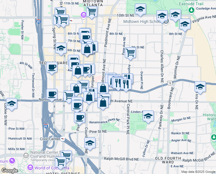 map of restaurants, bars, coffee shops, grocery stores, and more near 198 Ponce De Leon Avenue Northeast in Atlanta