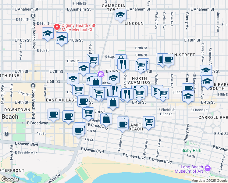 map of restaurants, bars, coffee shops, grocery stores, and more near Cerritos Avenue & East 5th Street in Long Beach