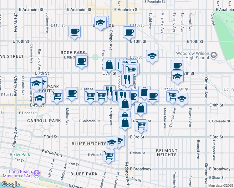 map of restaurants, bars, coffee shops, grocery stores, and more near 515 Coronado Avenue in Long Beach