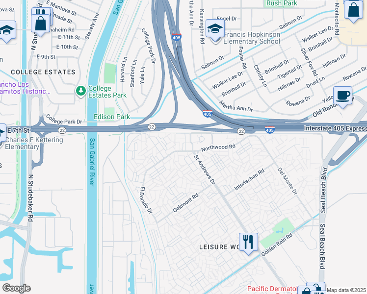 map of restaurants, bars, coffee shops, grocery stores, and more near 1060 Foxburg Road in Seal Beach