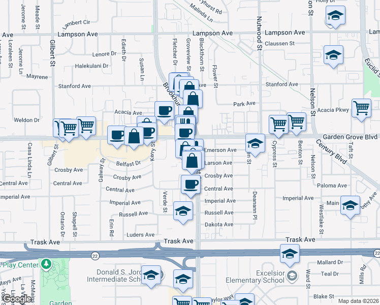 map of restaurants, bars, coffee shops, grocery stores, and more near 13101 Brookhurst Street in Garden Grove